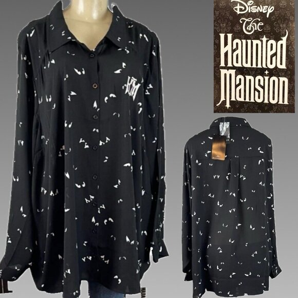 Disney +3 Button Collar Spooky Eyes Haunted Mansion Relaxed Long Sleeve Shirt - Picture 1 of 6